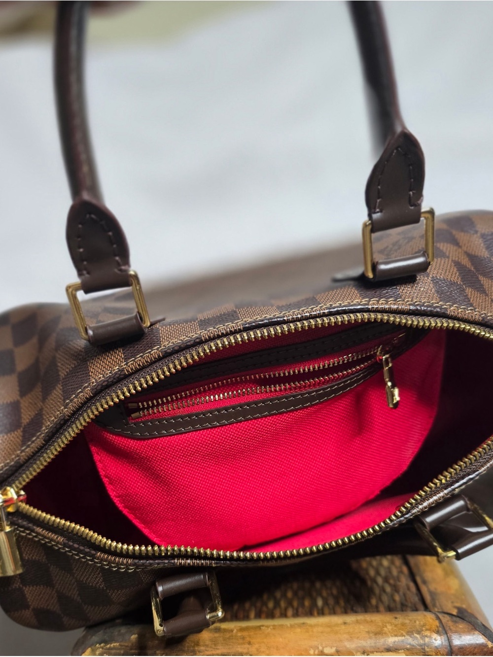 Brown Check Tote Bag with Red Interior